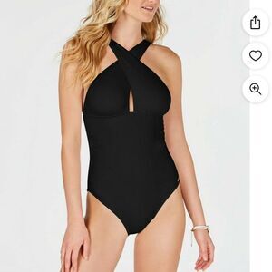 NWT MICHAEL Michael Kors Womens High Neck Shirred One-Piece Swimsuit